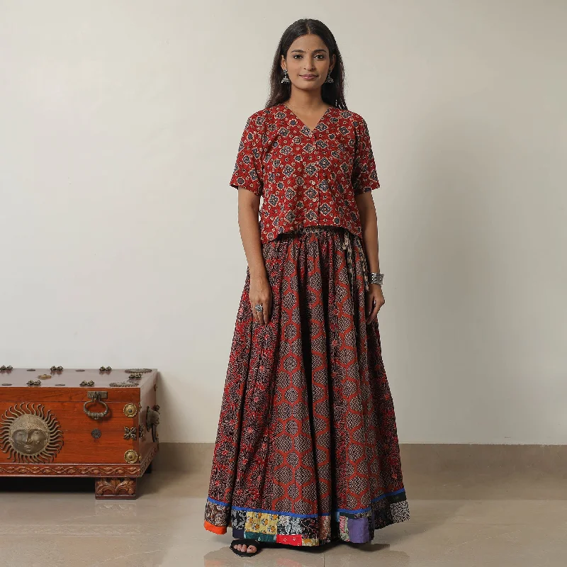 Brown - Ajrakh Block Printed 24 Kali Patchwork Cotton Long Skirt 06