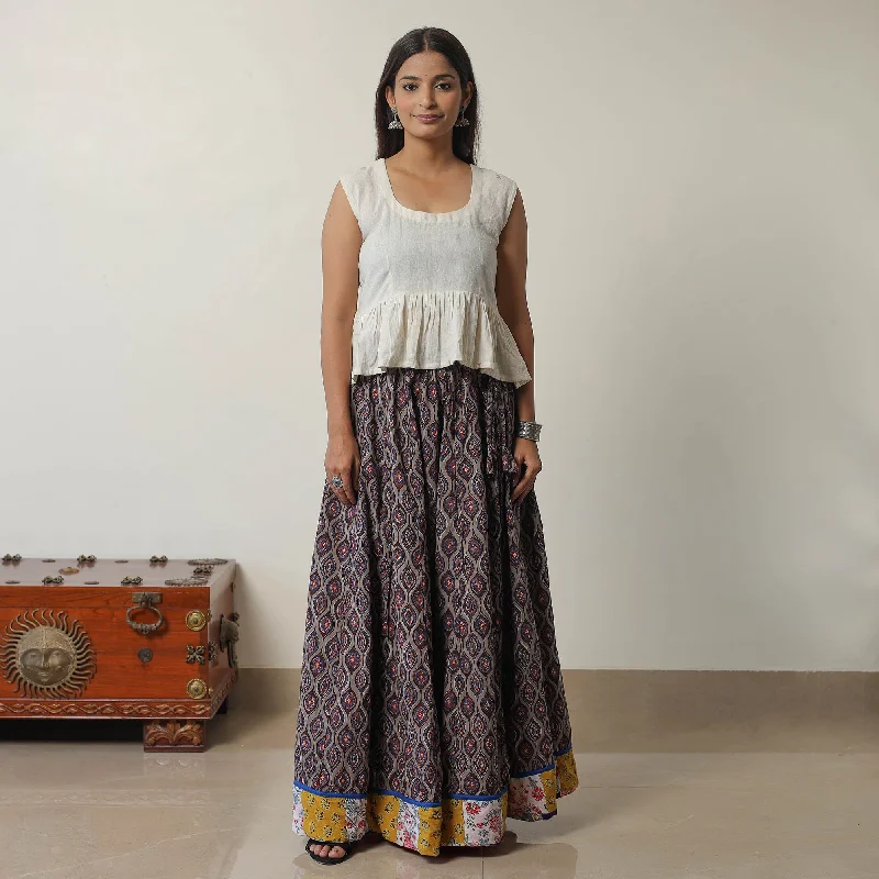 Grey - Bagru Block Printed 24 Kali Patchwork Cotton Long Skirt 08