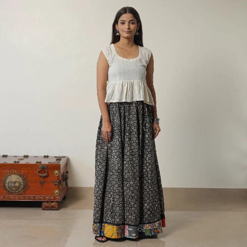 Black - Bagru Block Printed 24 Kali Patchwork Cotton Long Skirt 09