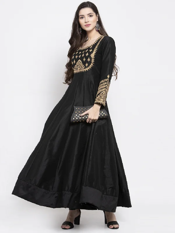 Wahe-NOOR Women's Black & Gold-Coloured Embellished Anarkali Kurta Dark color unclassified dresses