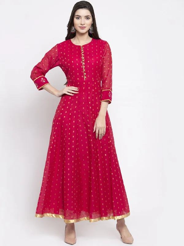 Wahe-NOOR Women's Fuchsia & Gold-Coloured Woven Design Anarkali Kurta Holiday unclassified dresses