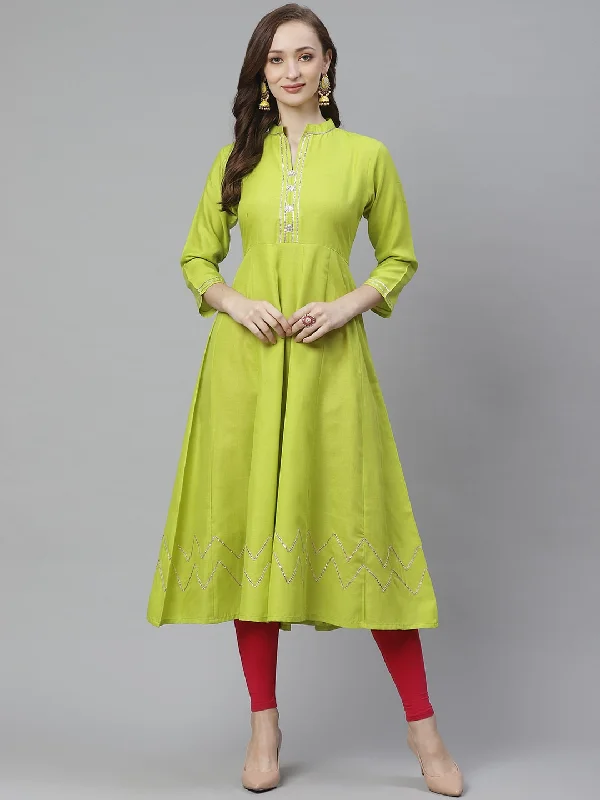 Wahe-NOOR Women's Green Solid Anarkali Kurta Office unclassified dresses