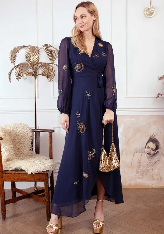 Hope and Ivy Kai Embellished Wrap Dress, Navy Halter unclassified dresses