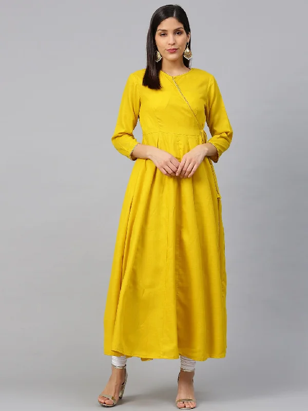 Wahe-NOOR Women's Mustard Yellow Solid Angrakha Anarkali Kurta Cotton unclassified dresses