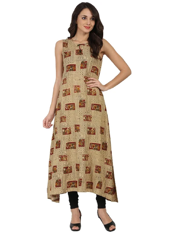 NOZ2TOZ Beige Printed Sleeveless Cotton Anarkali Kurta