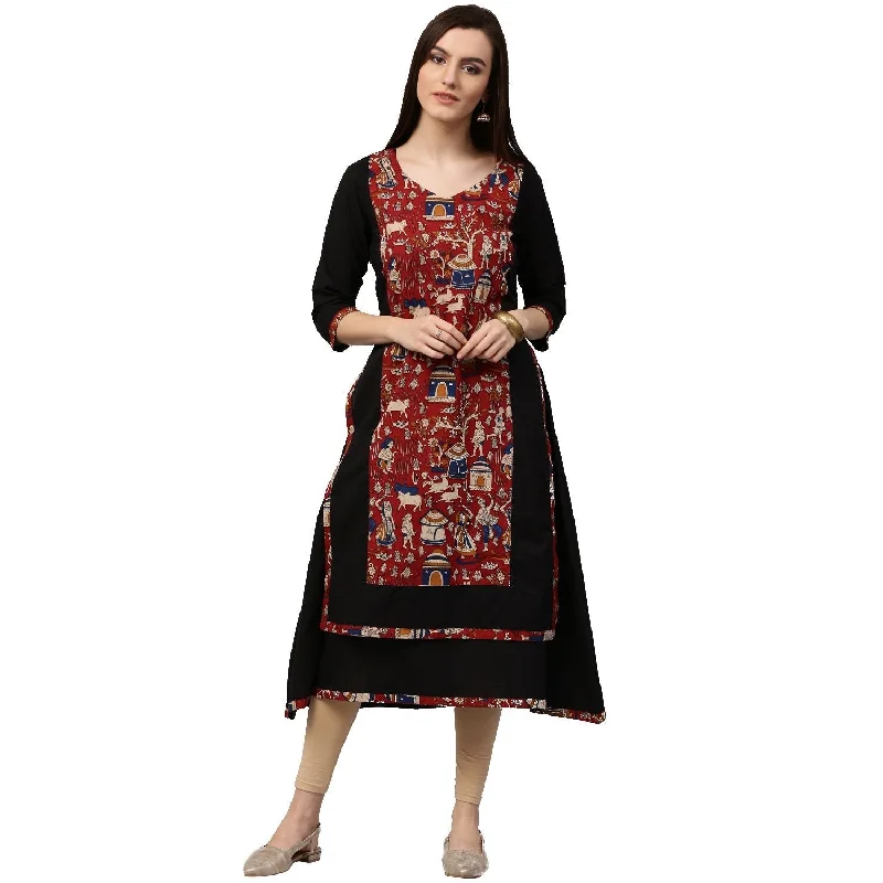 NOZ2TOZ Black Printed 3/4th Sleeve Anarkali Kurta With Double Layer In Front