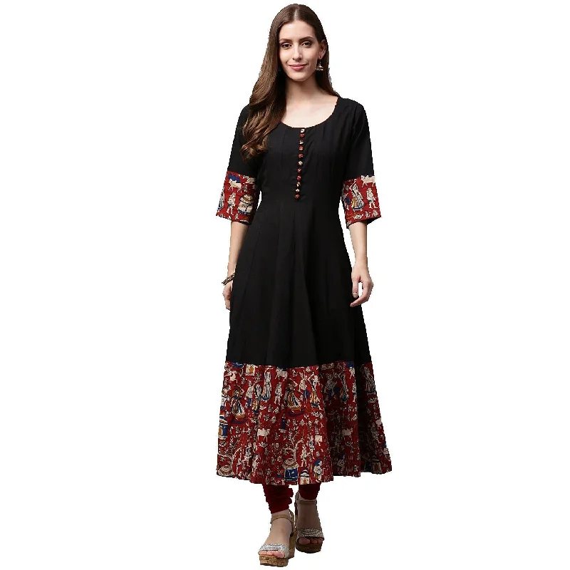 NOZ2TOZ Black printed 3/4th Sleeve Cotton Anarkali kurta