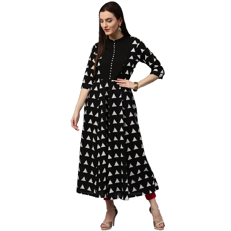 NOZ2TOZ Black printed 3/4th Sleeve Cotton Anarkali kurta