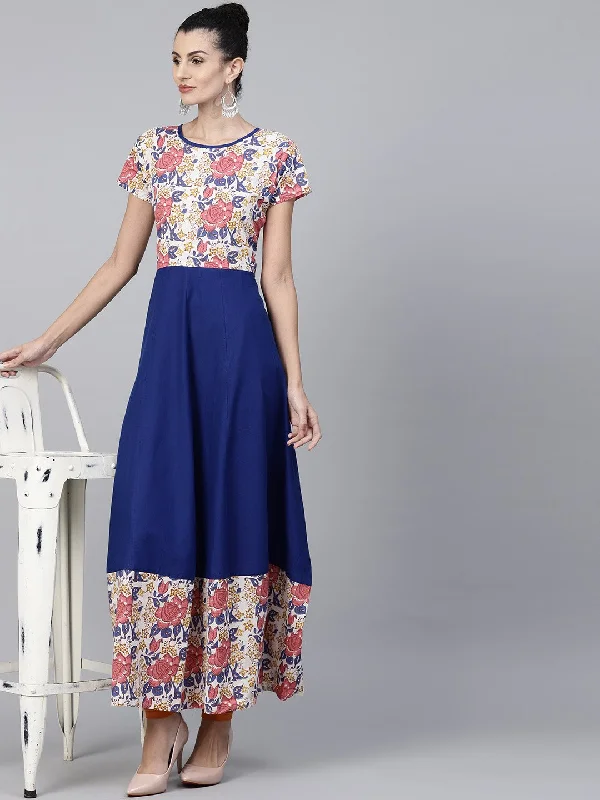 NOZ2TOZ Blue Cap Sleeve Cotton Anarkali Kurta With Printed Yoke