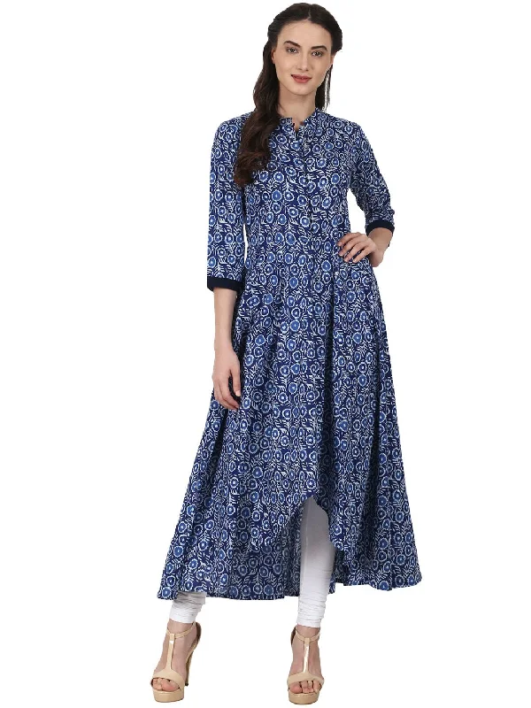 NOZ2TOZ Blue Printed 3/4 Sleeve Cotton Asymmetric Anarkali Kurta