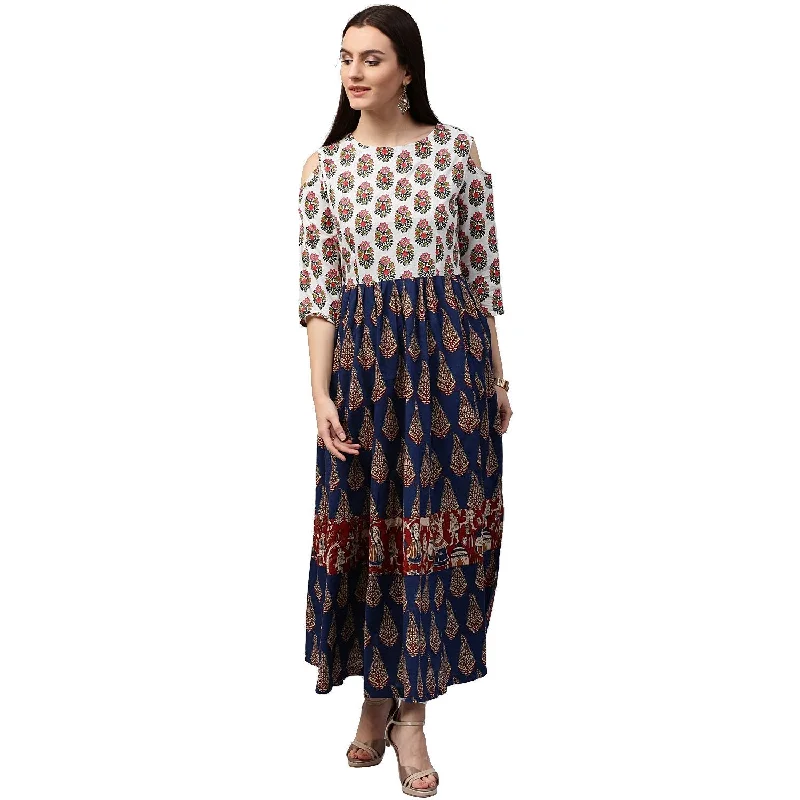 NOZ2TOZ Blue Printed 3/4th Sleeve Shoulder Cotton Anarkali Kurta (1004S)