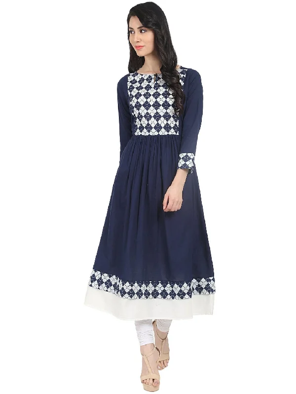 NOZ2TOZ Blue Printed 3/4th Sleeve Cotton Anarkali Kurta