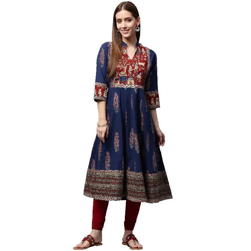 NOZ2TOZ Blue Printed 3/4th Sleeve Cotton Anarkali Kurta