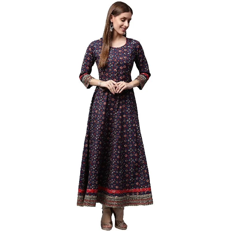 NOZ2TOZ Blue Printed 3/4th Sleeve Cotton Anarkali Kurta