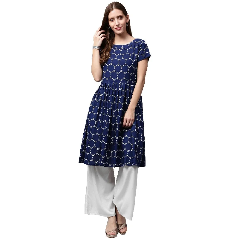 NOZ2TOZ Blue Printed Cap Sleeve Cotton Cropped Anarkali Kurta