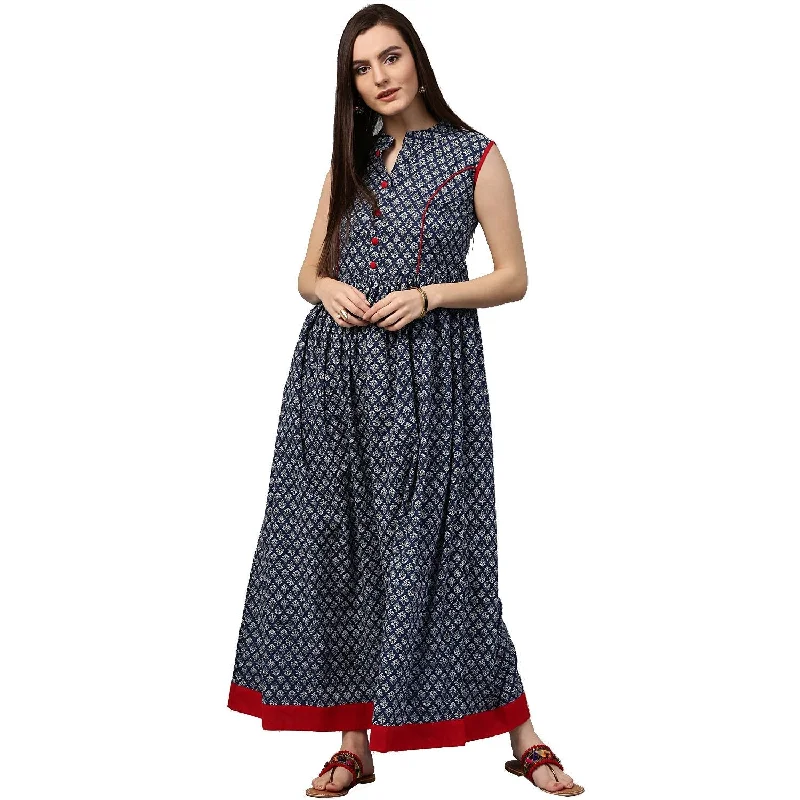 NOZ2TOZ Blue Printed Sleeveless Cotton Anarkali Kurta