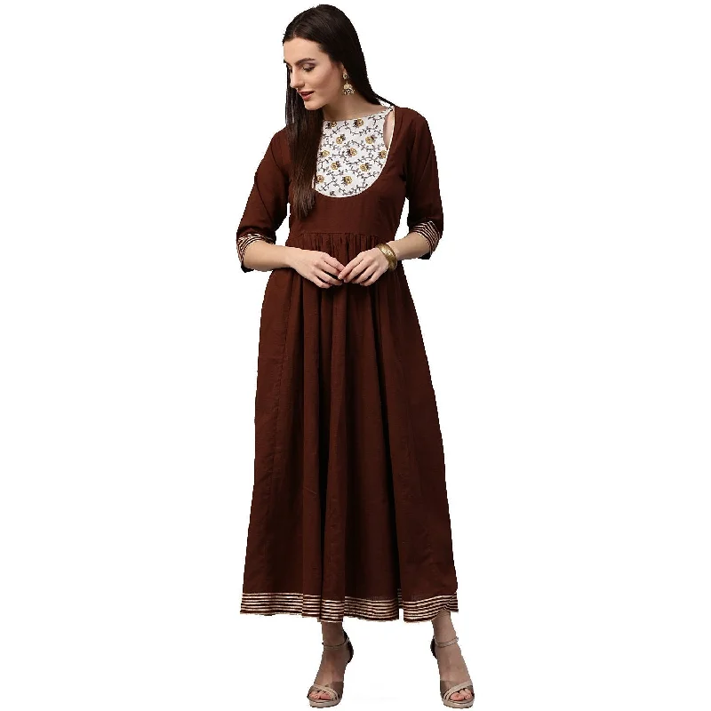 NOZ2TOZ Coffee 3/4th Sleeve Cotton Anarkali Kurta With Printed Yoke