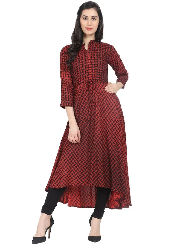 NOZ2TOZ Dark red check printed 3/4th sleeve cotton Anarkali Kurta