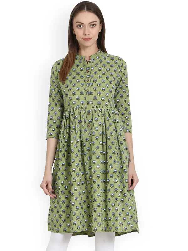 NOZ2TOZ Green Printed 3/4 Sleeve Short Anarkali Kurta