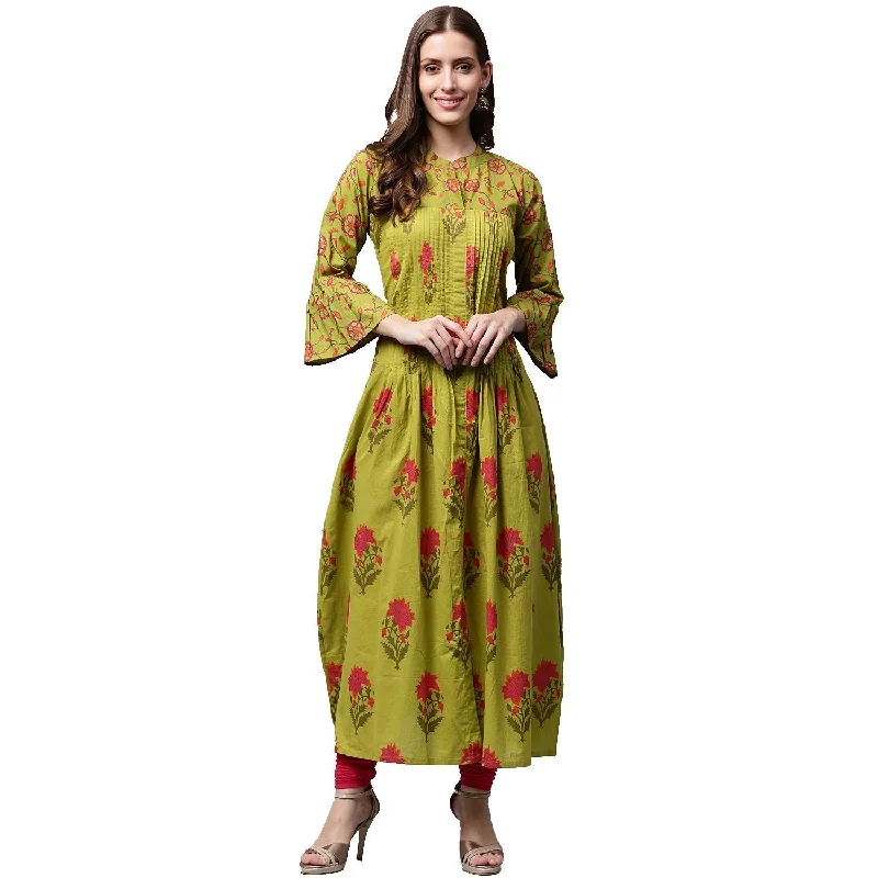 NOZ2TOZ Green Printed 3/4th Sleeve Cotton Anarkali Kurta