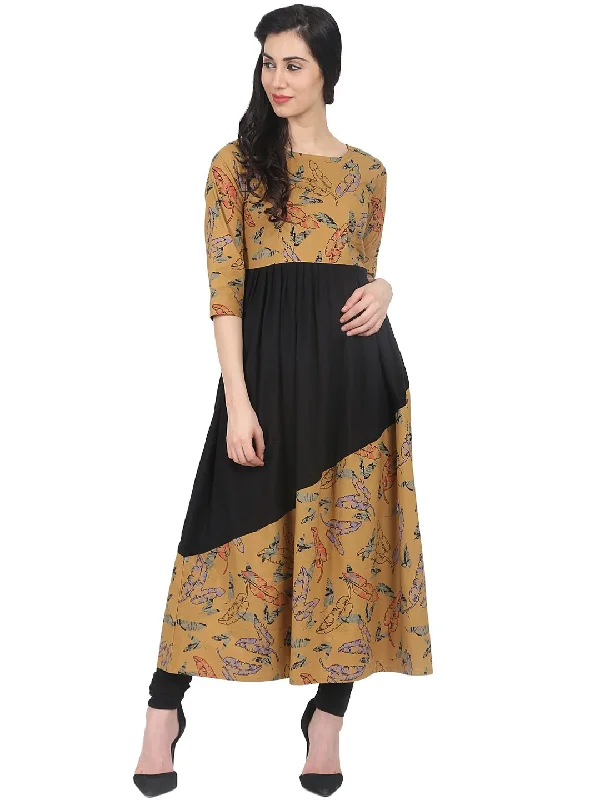 NOZ2TOZ Mustard And Black Printed 3/4th Sleeve Cotton Anarkali Kurta