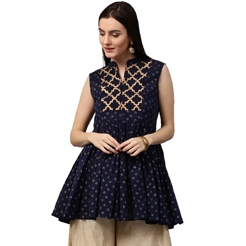 NOZ2TOZ Navy Blue Printed Sleeveless Cotton Cropped Anarkali Kurta