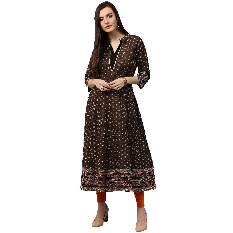 NOZ2TOZ Olive Green Printed 3/4th Sleeve Cotton Anarkali Kurta