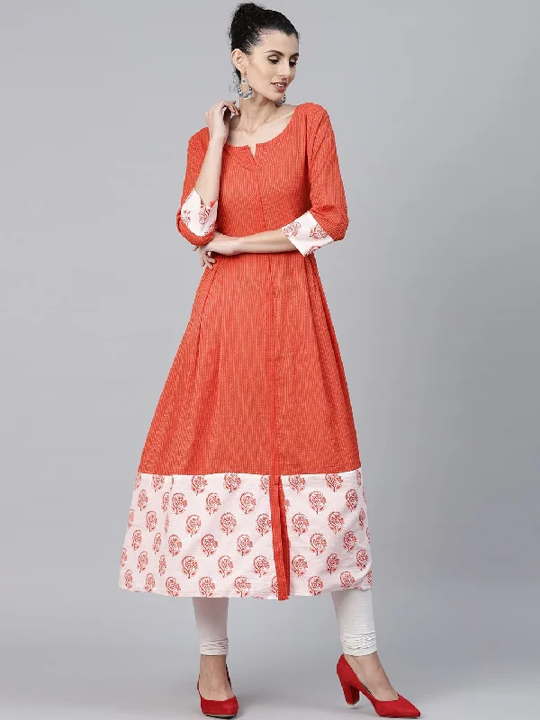 NOZ2TOZ Orange Printed 3/4th Slevee Cotton Anarkali Kurta