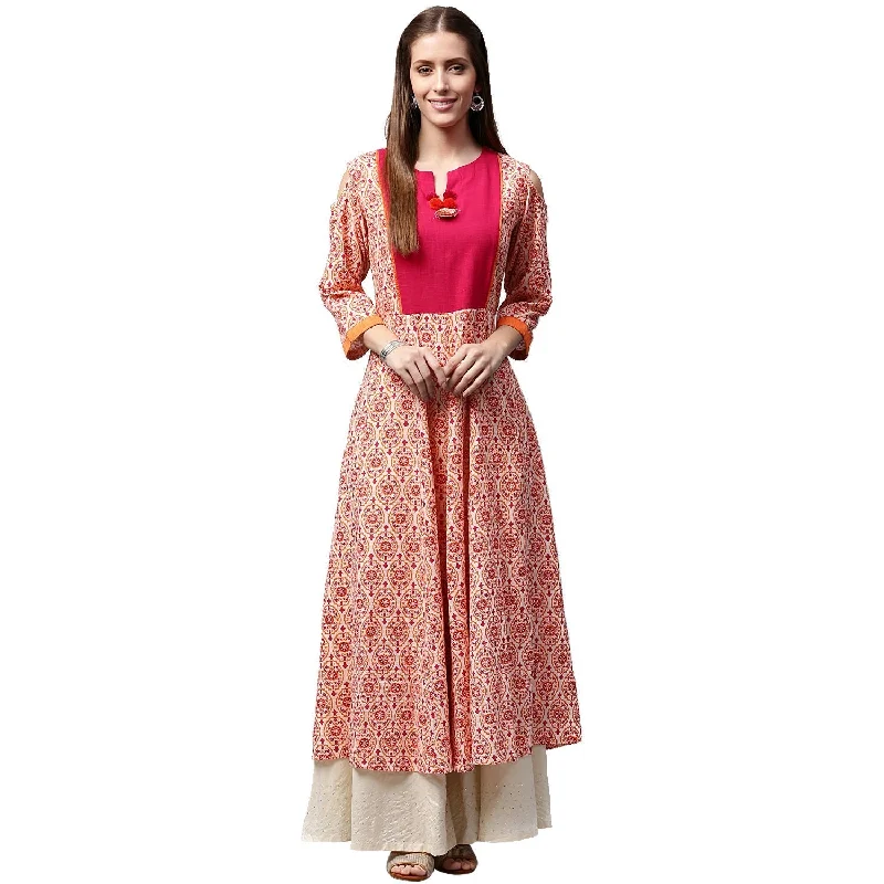 NOZ2TOZ Peach Printed 3/4th Sleeve Cold Shoulder Cotton Slub Anarkali Kurta