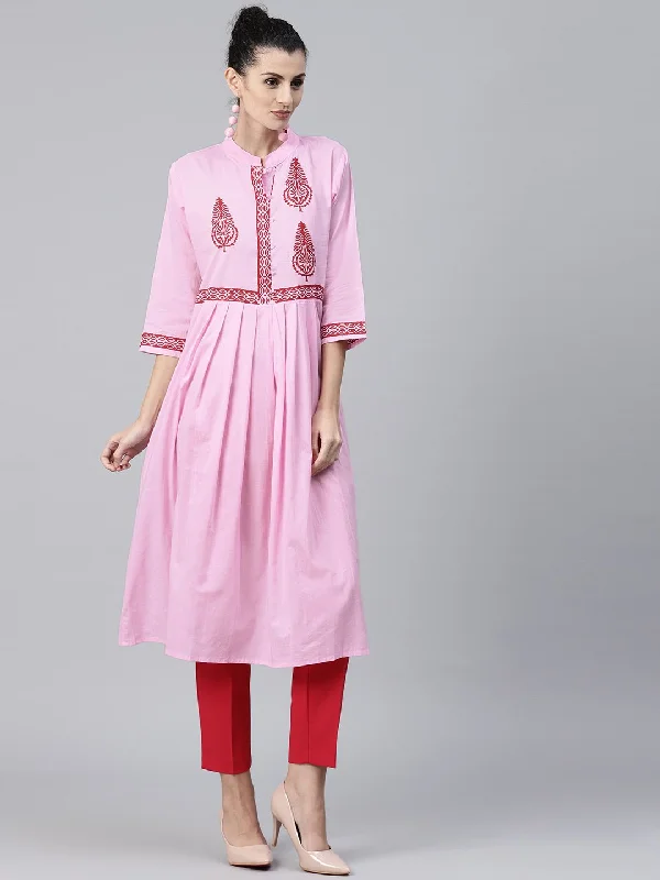 NOZ2TOZ Pink 3/4 Sleeve Cotton Anarkali Kurta With Block Printed On Yoke