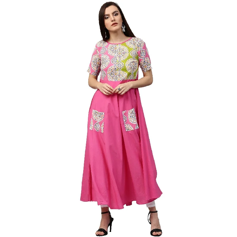 NOZ2TOZ Pink Printed Half Sleeve Cotton Anarkali Kurta With Pocket