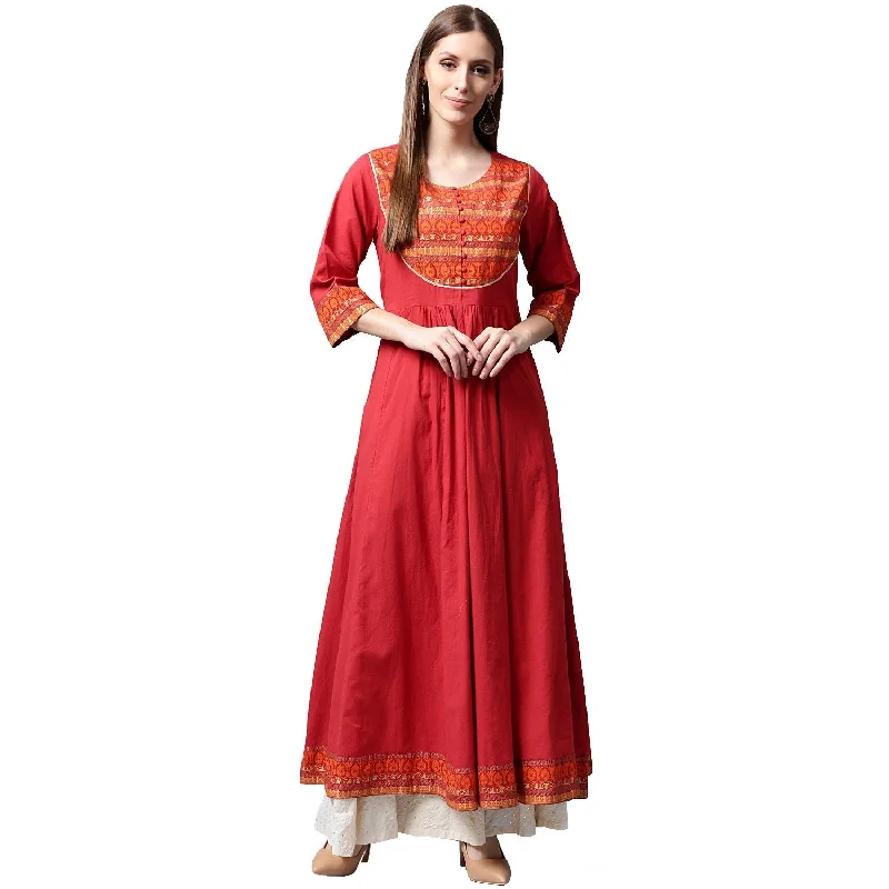 NOZ2TOZ Red 3/4th Sleeve Cotton Anarkali Kurta With Printed Yoke