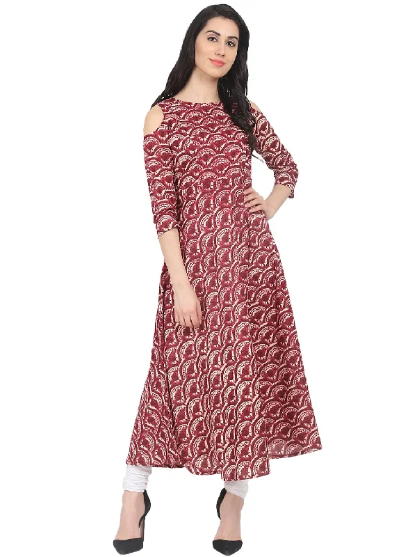 NOZ2TOZ Red Printed 3/4th Cold Shoulder Sleeve Cotton Anarkali Kurta