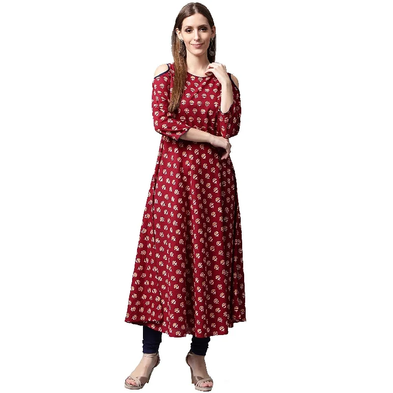 NOZ2TOZ Red Printed 3/4th Sleeve Cold Shoulder Cotton Anarkali Kurta