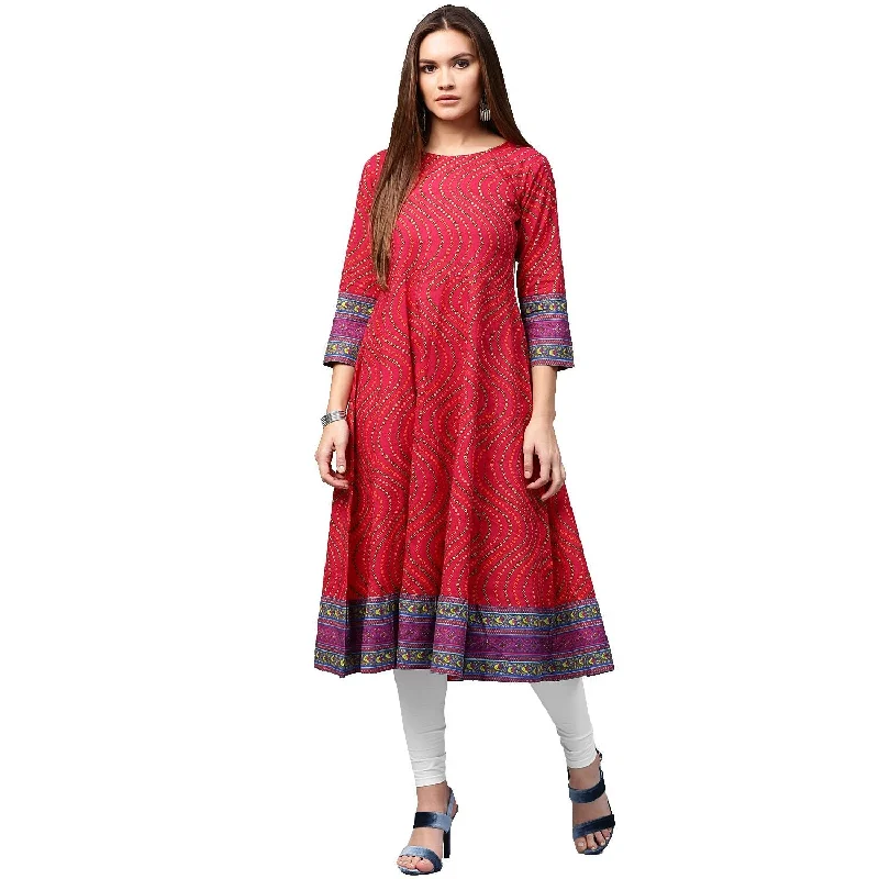 NOZ2TOZ Red Printed 3/4th Sleeve Cotton Anarkali Kurta