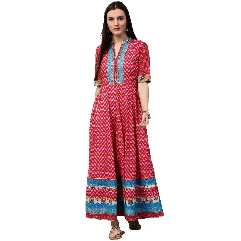 NOZ2TOZ Red Printed 3/4th Sleeve Cotton Long Anarkali Kurta