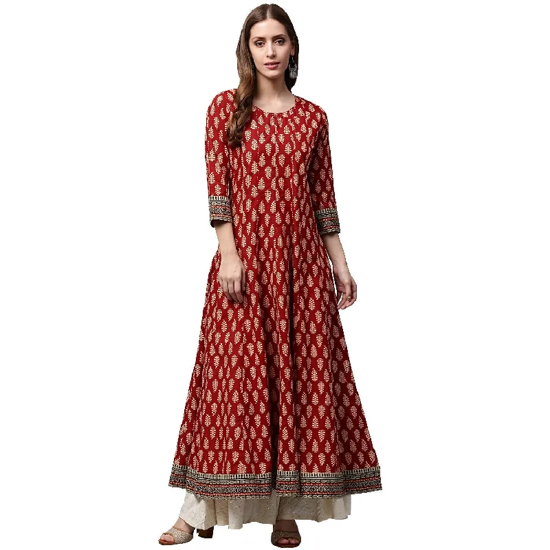 NOZ2TOZ Red Printed 3/4th Sleeve Cotton Long Anarkali Kurta