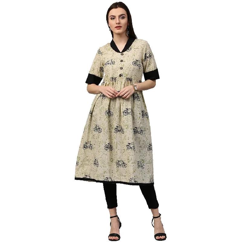 NOZ2TOZ White Cycle Printed Half Sleeve Cotton Anarkali Kurta