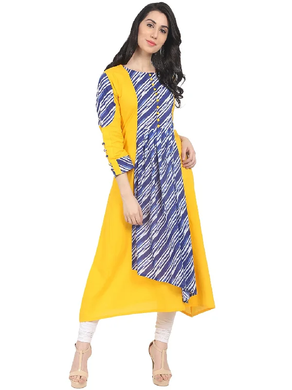 NOZ2TOZ Yellow & Blue printed 3/4th sleeve cotton Anarkali kurta