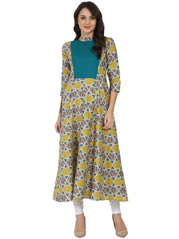 NOZ2TOZ Yellow & Grey Printed 3/4th Sleeve Cotton Anarkali Kurta