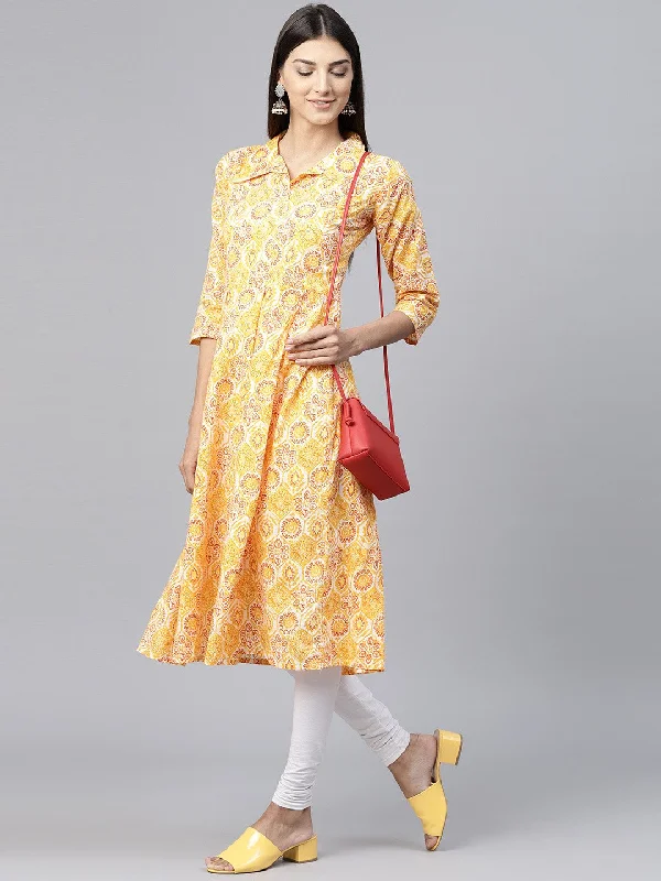 NOZ2TOZ Yellow Printed 3/4 Sleeve Cotton Anarkali Kurta With Front Hanging