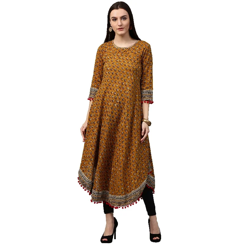 NOZ2TOZ Yellow Printed 3/4th Sleeve Asymmetric Cotton Anarkali Kurta