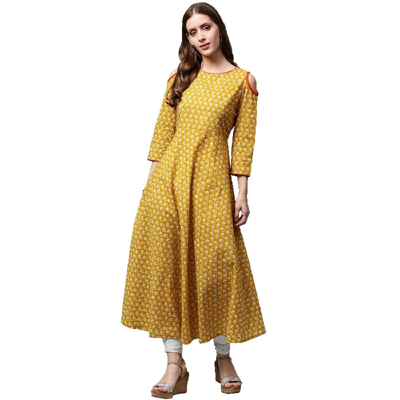 NOZ2TOZ Yellow Printed 3/4th Sleeve Cold Shoulder Cotton Anarkali Kurta