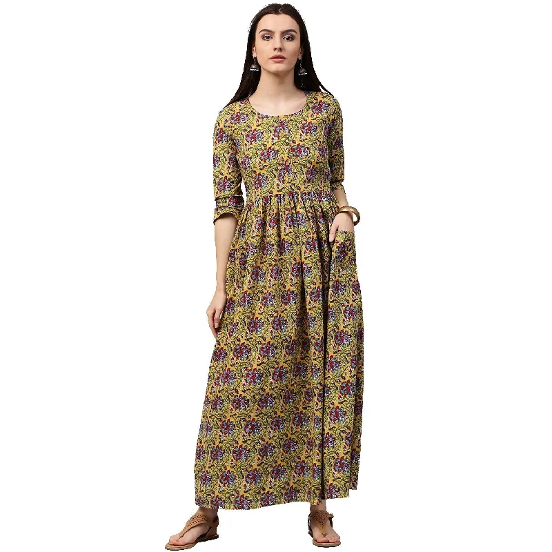 NOZ2TOZ Yellow Printed 3/4th Sleeve Cotton Anarkali Kurta