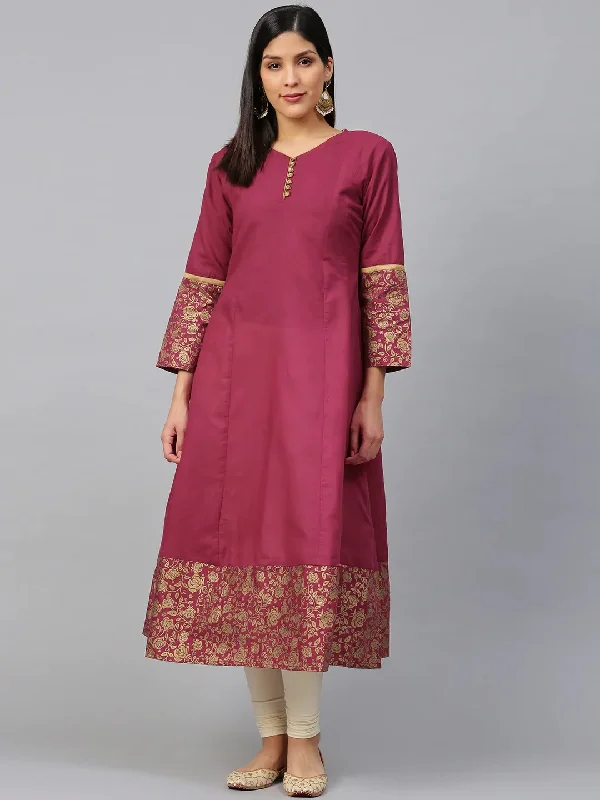 Wahe-NOOR Women's Pink & Golden Solid Anarkali Kurta Ruched unclassified dresses