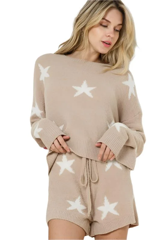 Soft Long Sleeve Star Print Top and Short Set