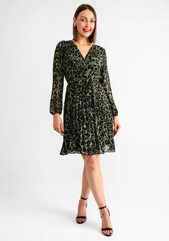 Serafina Collection Leopard Pleated Wrap Dress, Green Wedding guest unclassified dresses