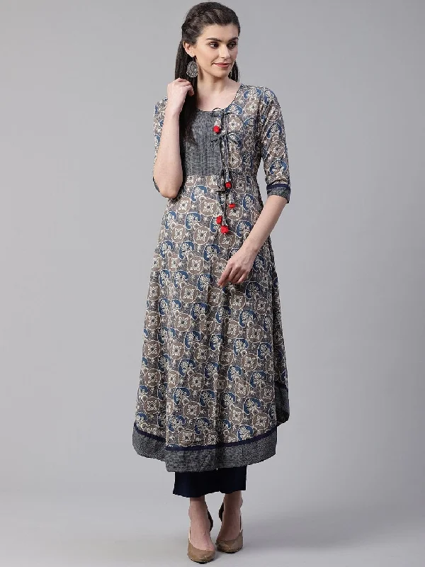 Wahe-NOOR Women's Blue And Grey Cotton Anarkali Sequin unclassified dresses