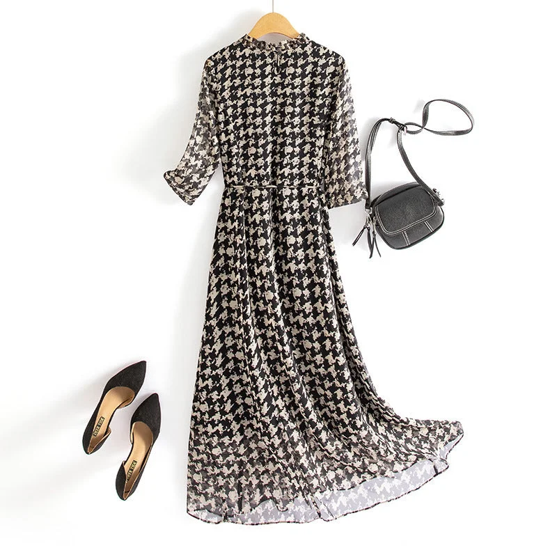 Women's Checkered Chiffon Mid-length Dress with Belt Engagement unclassified dresses