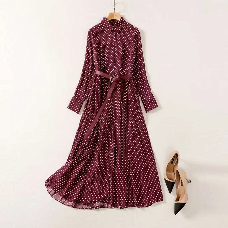 Women's Elegant Pleated Wine Red Polka Dots Retro Dress Anniversary unclassified dresses